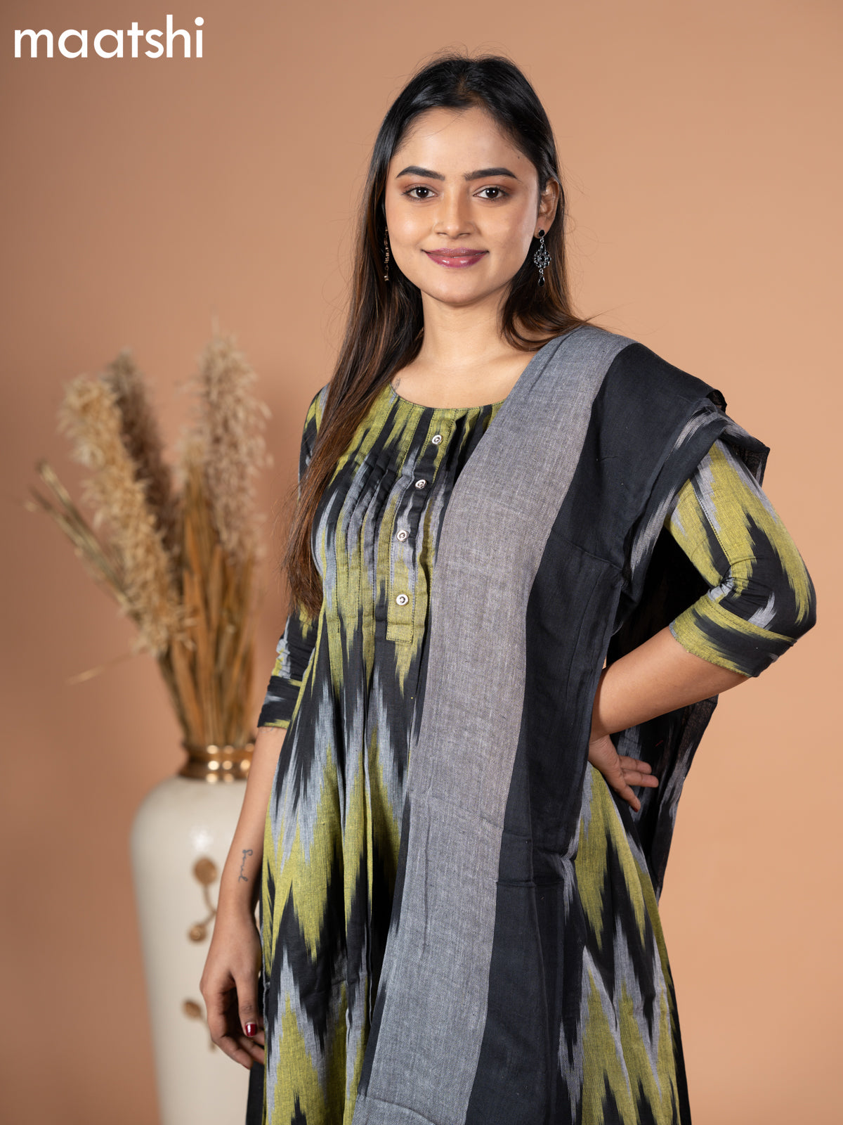 Cotton readymade salwar suit black lime green and grey with allover ikat weaves & simple neck pattern and straight cut pant & dupatta