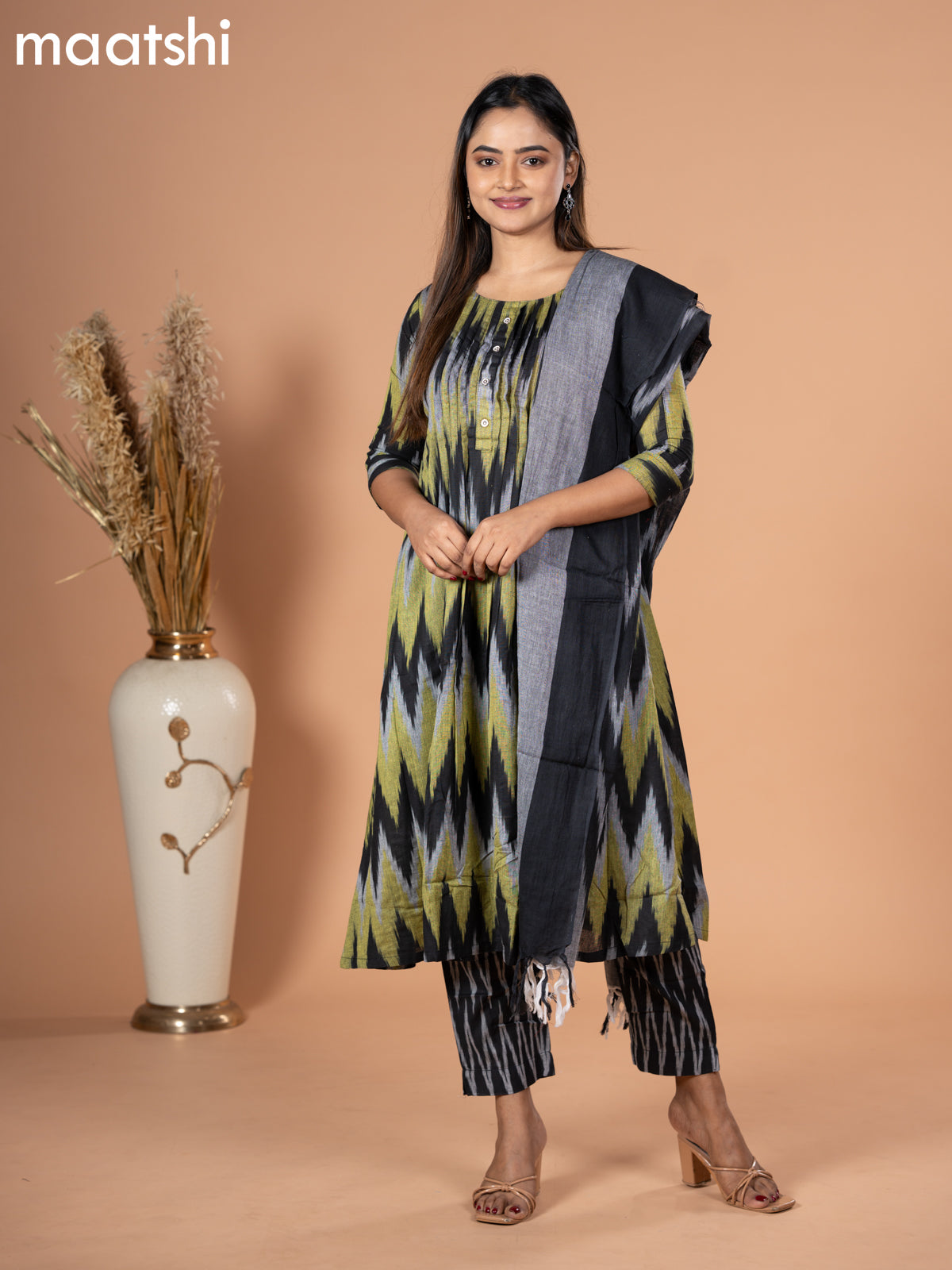 Cotton readymade salwar suit black lime green and grey with allover ikat weaves & simple neck pattern and straight cut pant & dupatta