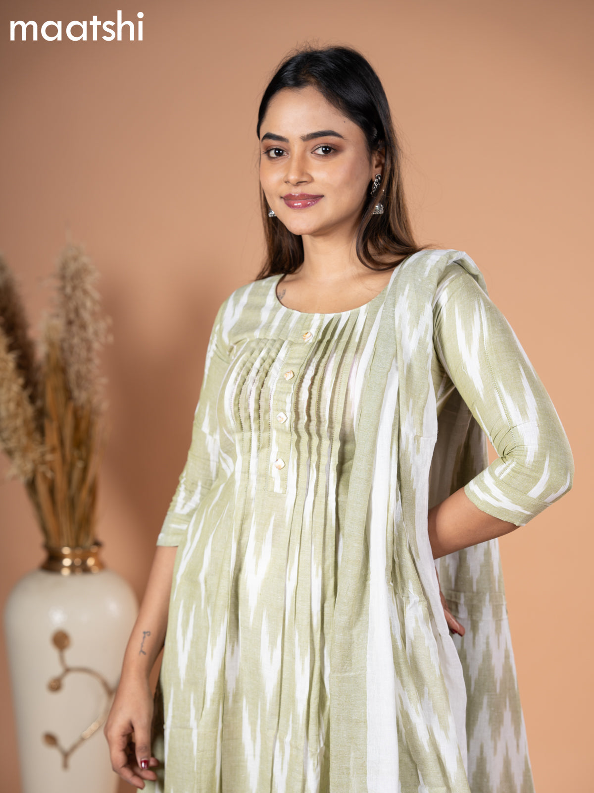 Cotton readymade salwar suit pastel green and off white with allover ikat weaves & simple neck pattern and straight cut pant & dupatta