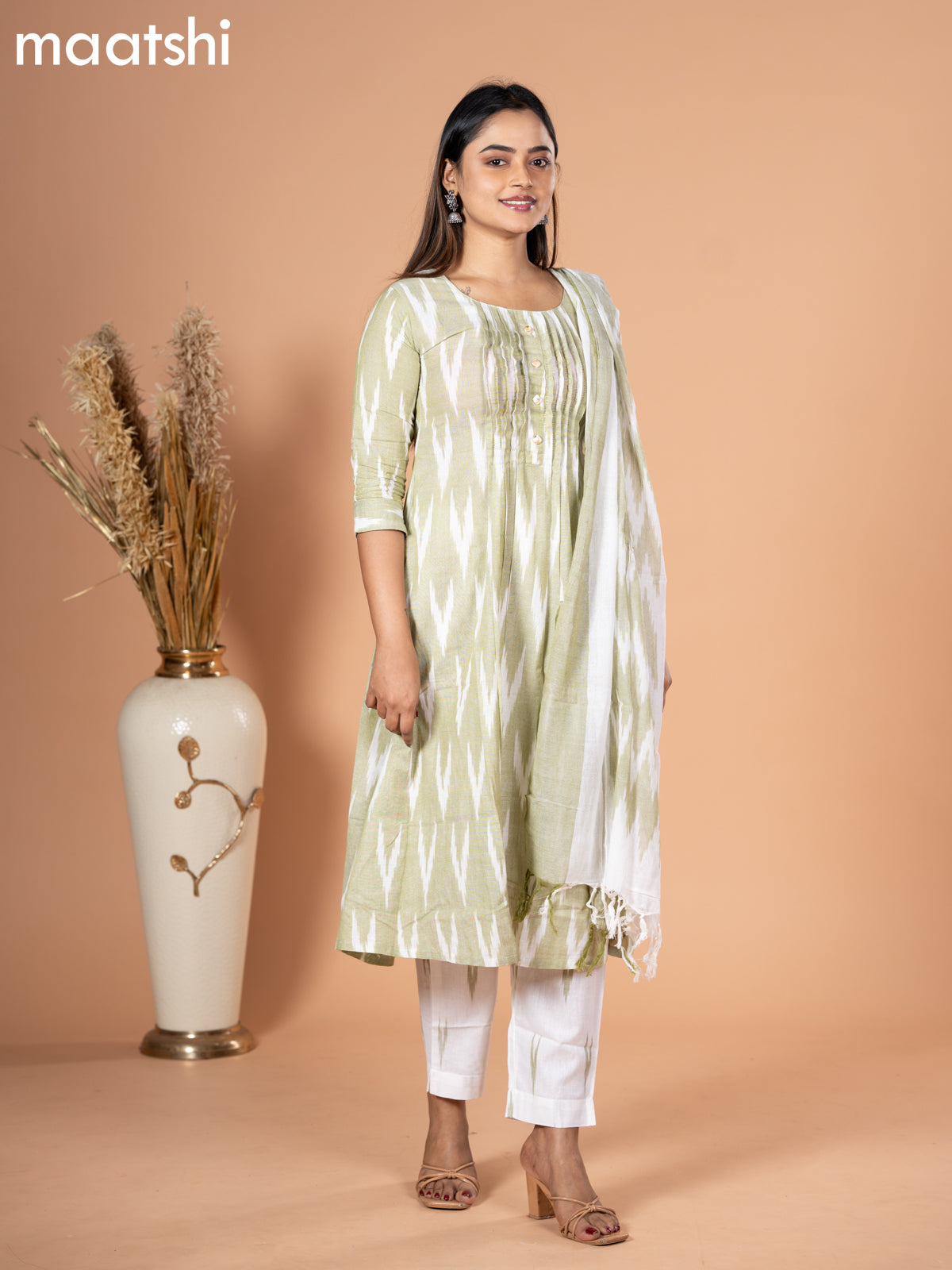 Cotton readymade salwar suit pastel green and off white with allover ikat weaves & simple neck pattern and straight cut pant & dupatta