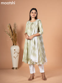 Cotton readymade salwar suit pastel green and off white with allover ikat weaves & simple neck pattern and straight cut pant & dupatta