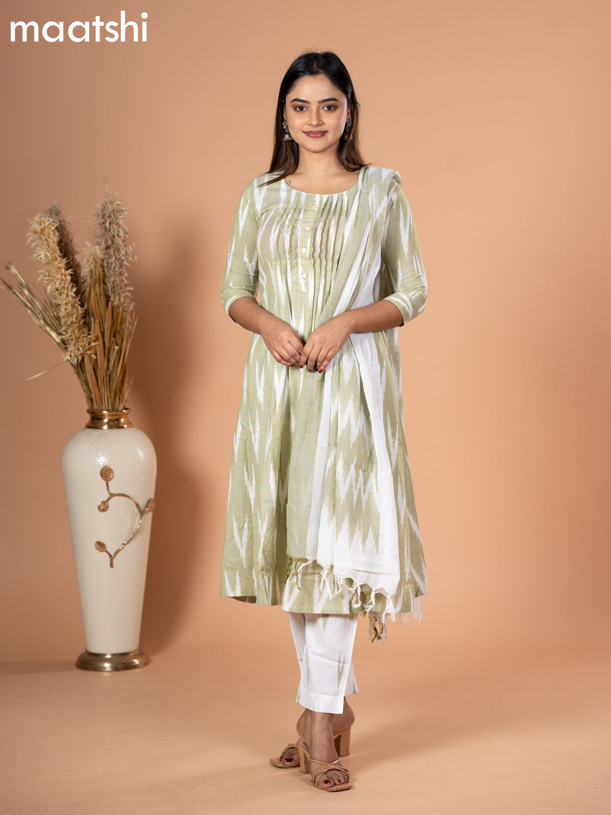 Cotton readymade salwar suit pastel green and off white with allover ikat weaves & simple neck pattern and straight cut pant & dupatta