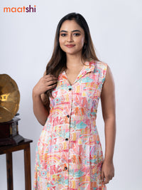 Rayon A-line kurti cream and teal blue with allover prints & thread weaves collar neck without pant & sleeve attached