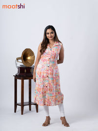 Rayon A-line kurti cream and teal blue with allover prints & thread weaves collar neck without pant & sleeve attached