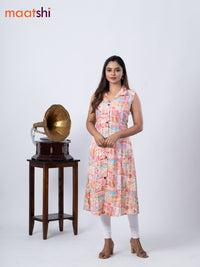 Rayon A-line kurti cream and teal blue with allover prints & thread weaves collar neck without pant & sleeve attached