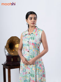 Rayon A-line kurti cream and pink shade with allover prints & thread weaves collar neck without pant & sleeve attached