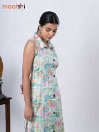 Rayon A-line kurti cream and pink shade with allover prints & thread weaves collar neck without pant & sleeve attached