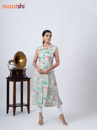 Rayon A-line kurti cream and pink shade with allover prints & thread weaves collar neck without pant & sleeve attached