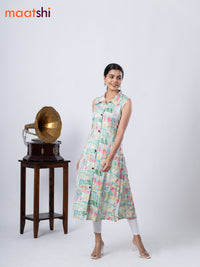 Rayon A-line kurti cream and pink shade with allover prints & thread weaves collar neck without pant & sleeve attached