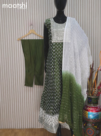 Chanderi readymade anarkali salwar suit green and off white with butta prints & sequin work neck pattern and straight cut pant & sequin work dupatta sleeves attached