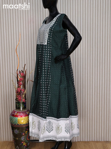 Chanderi readymade anarkali salwar suit bottle green and off white with butta prints & sequin work neck pattern and straight cut pant & sequin work dupatta sleeves attached