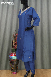 Raw silk readymade party wear salwar suit peacock blue with zardosi work v neck pattern and straight cut pant & dupatta