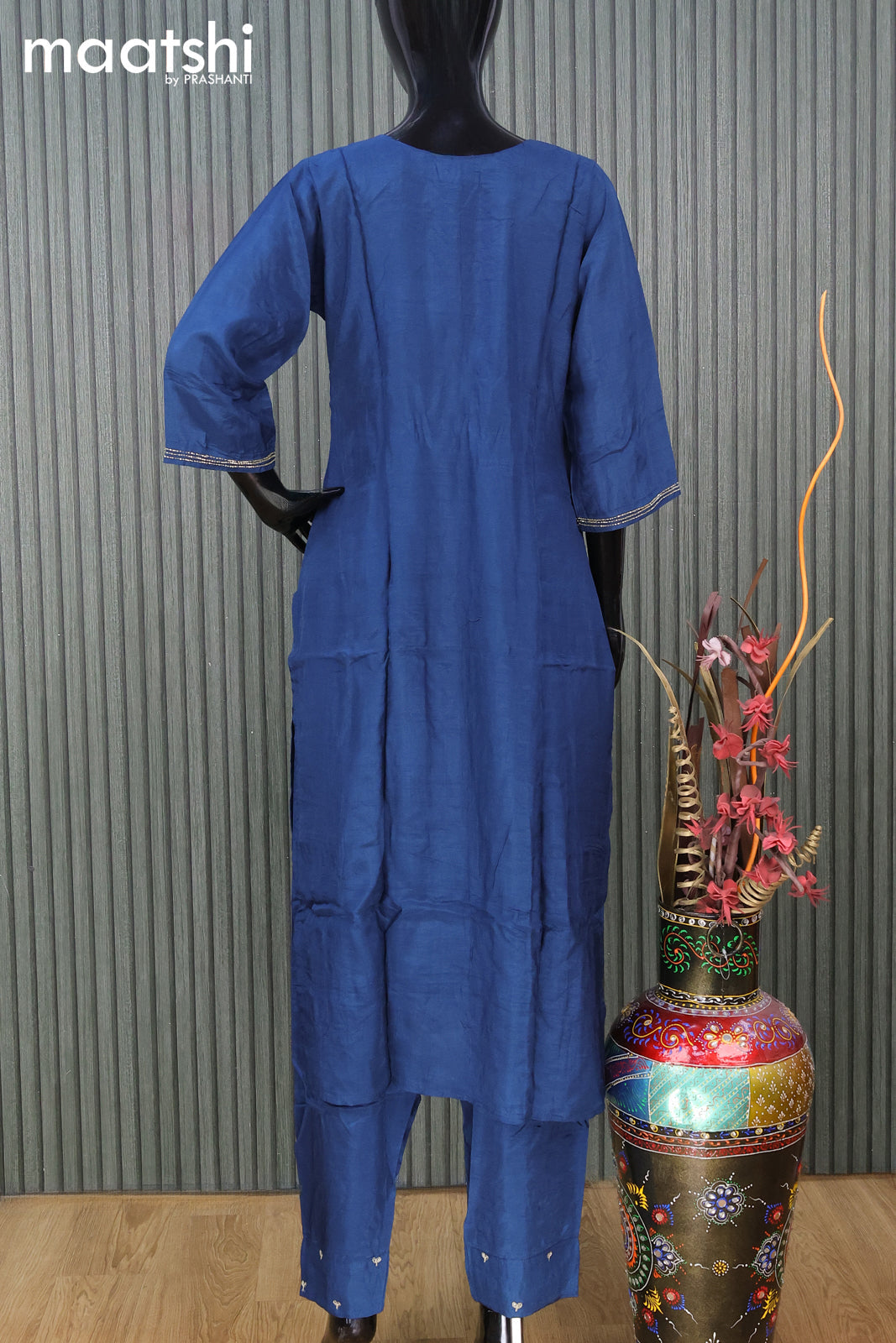 Raw silk readymade party wear salwar suit peacock blue with zardosi work v neck pattern and straight cut pant & dupatta