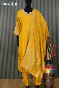 Raw silk readymade party wear salwar suit mustard yellow with zardosi work v neck pattern and straight cut pant & dupatta