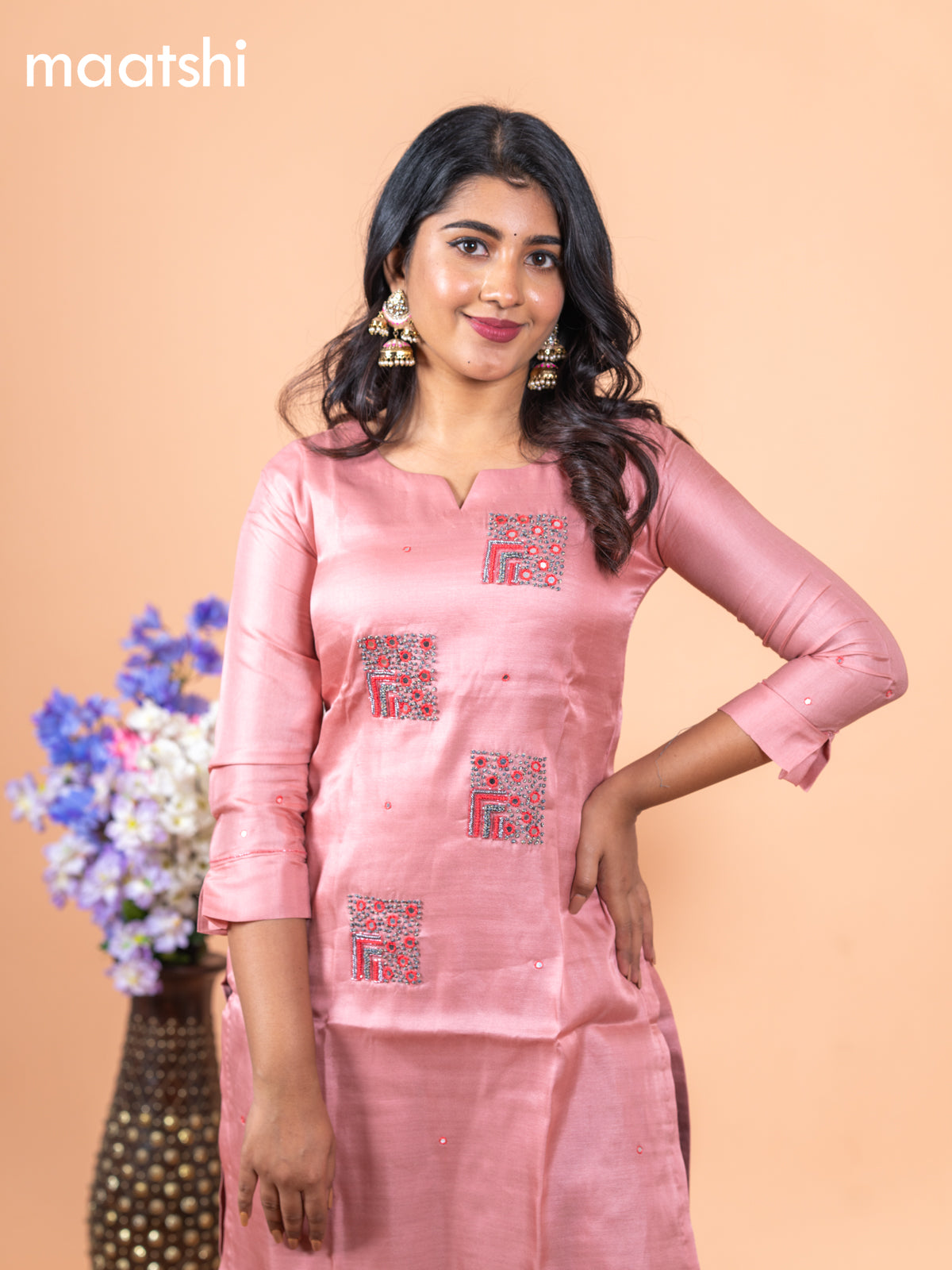 Chanderi readymade kurti pastel peach with mirror & french knot work without pant