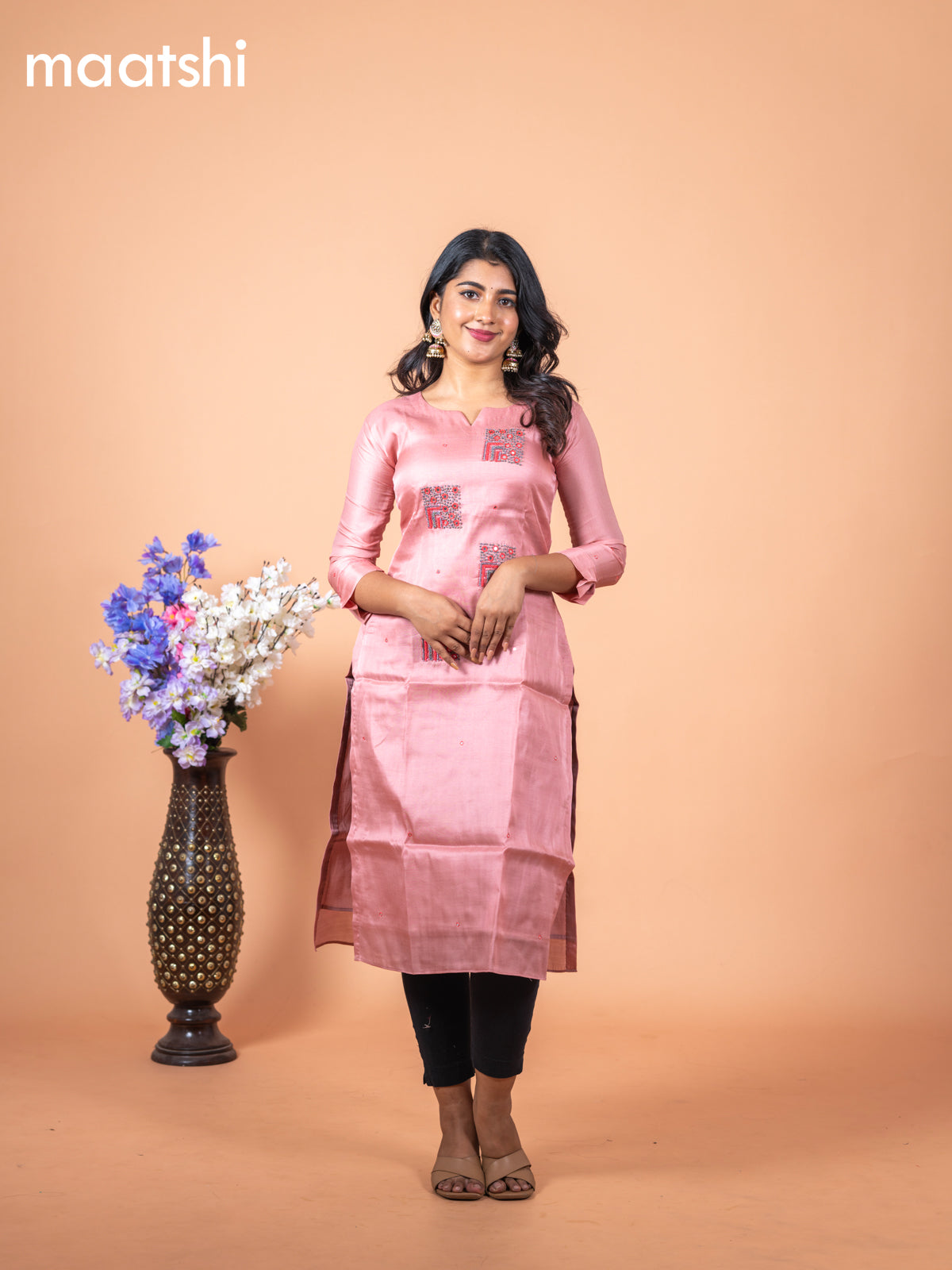 Chanderi readymade kurti pastel peach with mirror & french knot work without pant