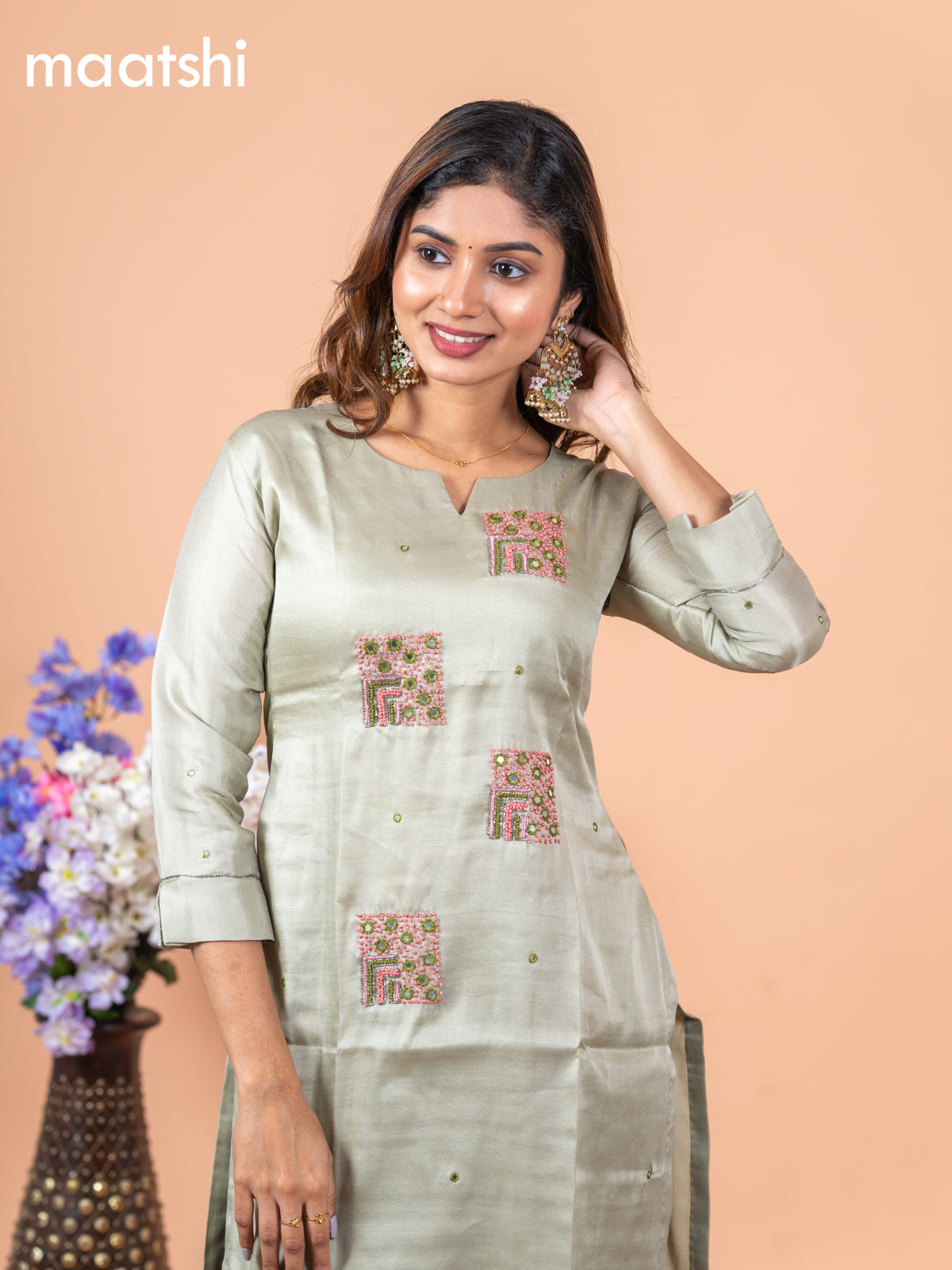 Chanderi readymade kurti pastel green with mirror & french knot work without pant