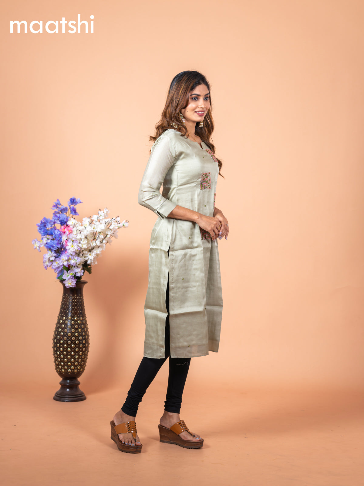 Chanderi readymade kurti pastel green with mirror & french knot work without pant