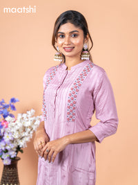 Chanderi readymade kurti pastel pink with allover french knot beaded/ work neck pattern without pant