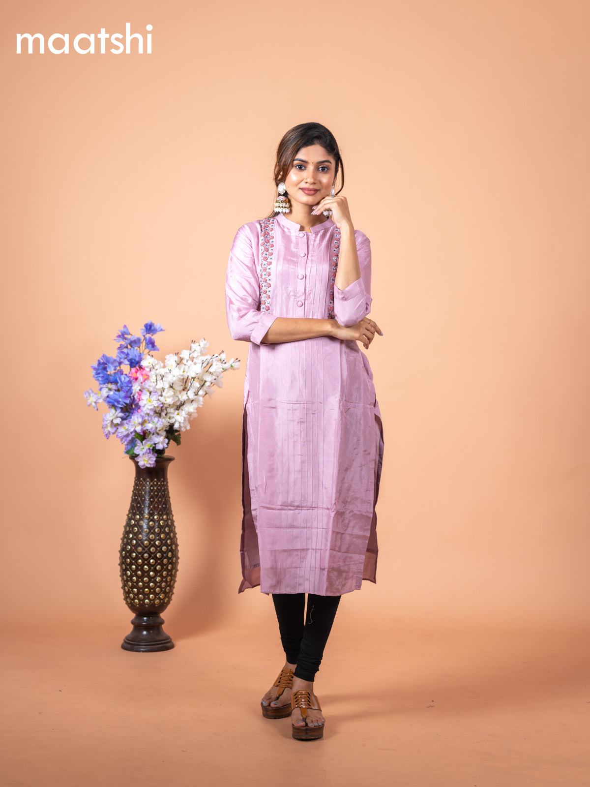 Chanderi readymade kurti pastel pink with allover french knot beaded/ work neck pattern without pant