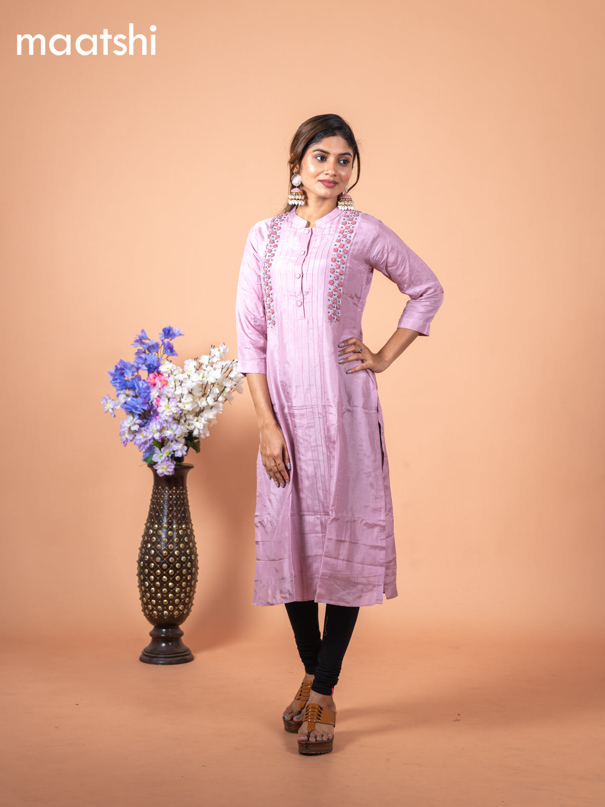 Chanderi readymade kurti pastel pink with allover french knot beaded/ work neck pattern without pant