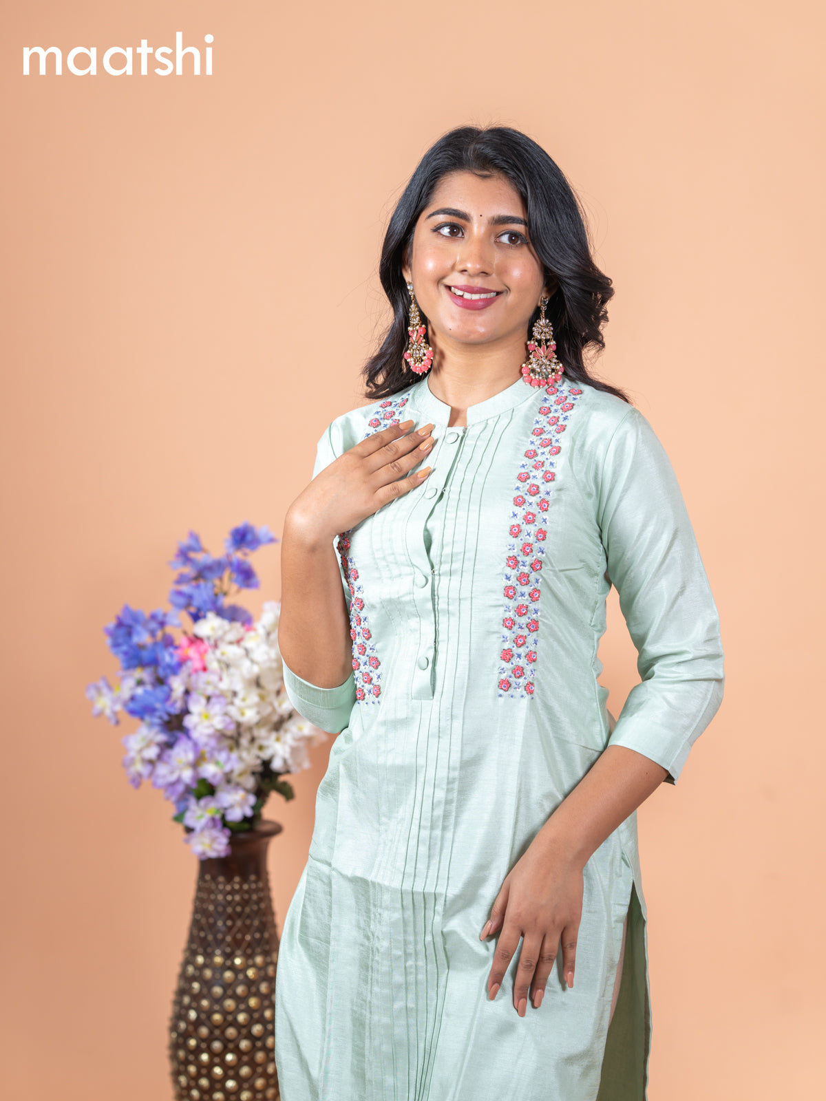 Chanderi readymade kurti teal green shade with allover french k/not beaded work neck pattern without pant