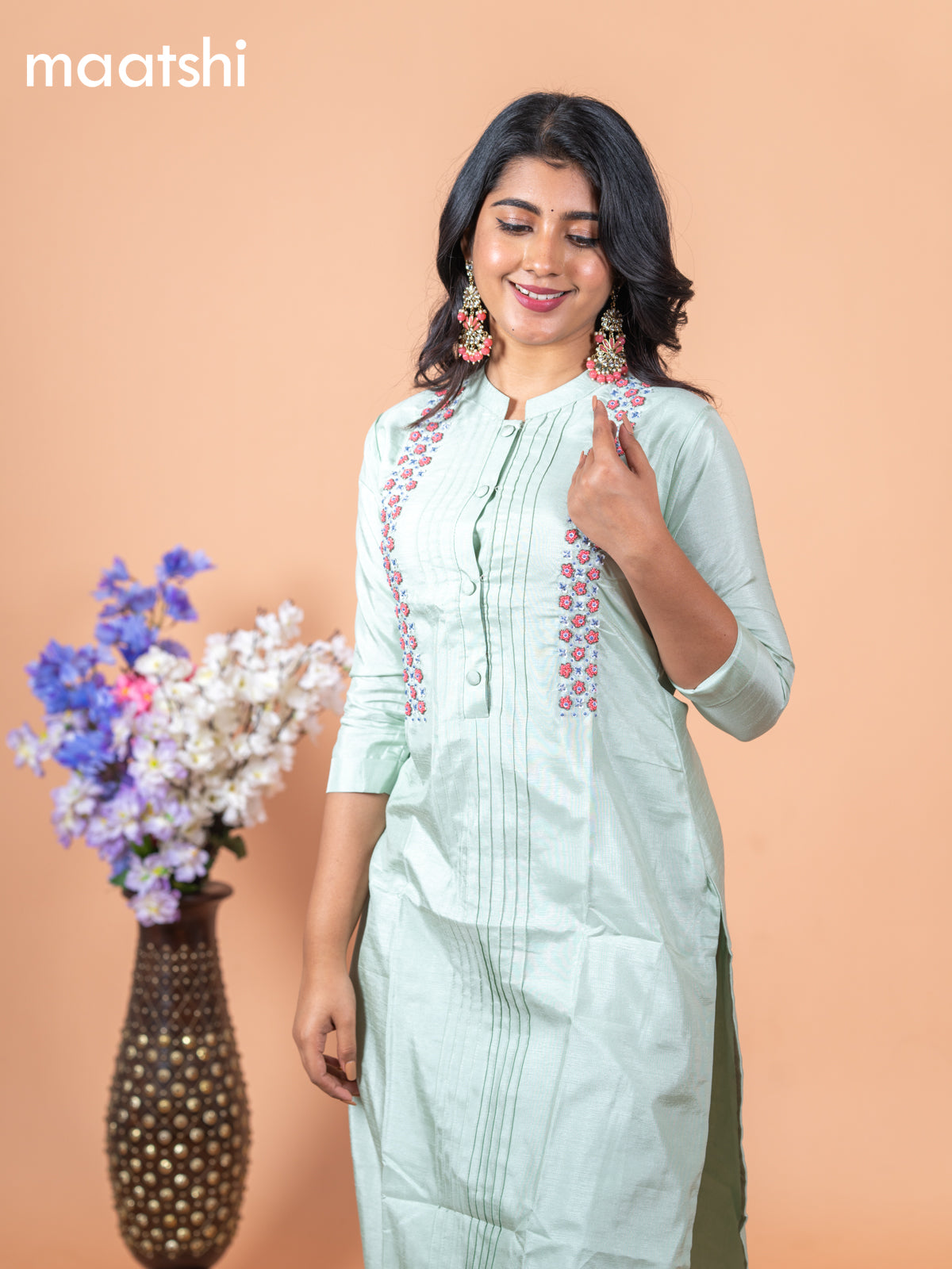 Chanderi readymade kurti teal green shade with allover french k/not beaded work neck pattern without pant