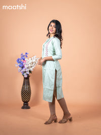 Chanderi readymade kurti teal green shade with allover french k/not beaded work neck pattern without pant