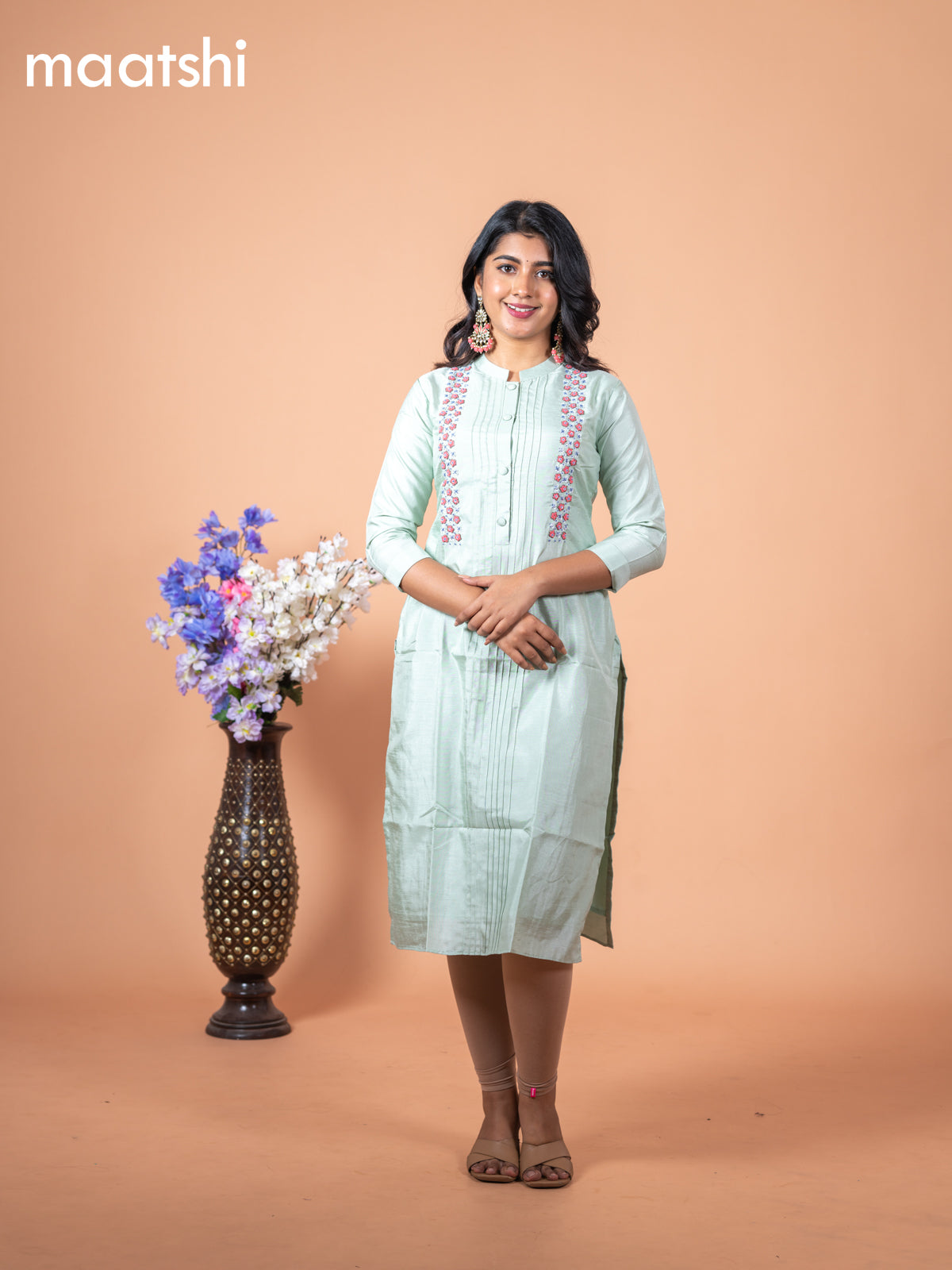 Chanderi readymade kurti teal green shade with allover french k/not beaded work neck pattern without pant