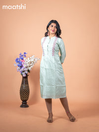 Chanderi readymade kurti teal green shade with allover french k/not beaded work neck pattern without pant