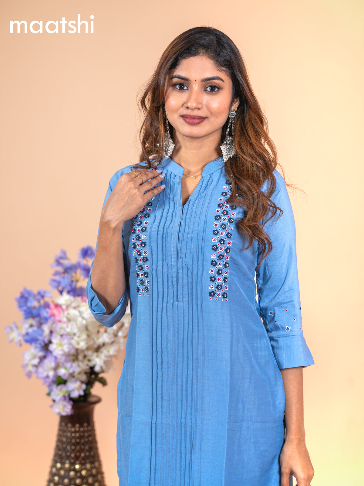 Chanderi readymade kurti blue shade with allover french knot beaded work neck pattern without pant