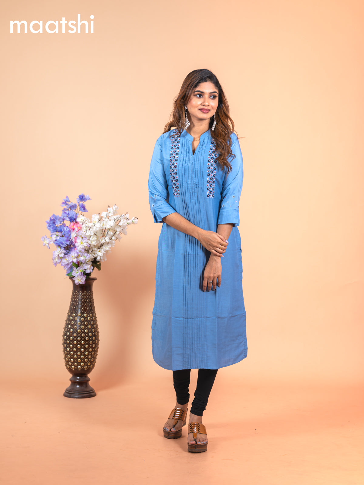 Chanderi readymade kurti blue shade with allover french knot beaded work neck pattern without pant