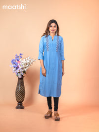 Chanderi readymade kurti blue shade with allover french knot beaded work neck pattern without pant