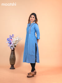 Chanderi readymade kurti blue shade with allover french knot beaded work neck pattern without pant