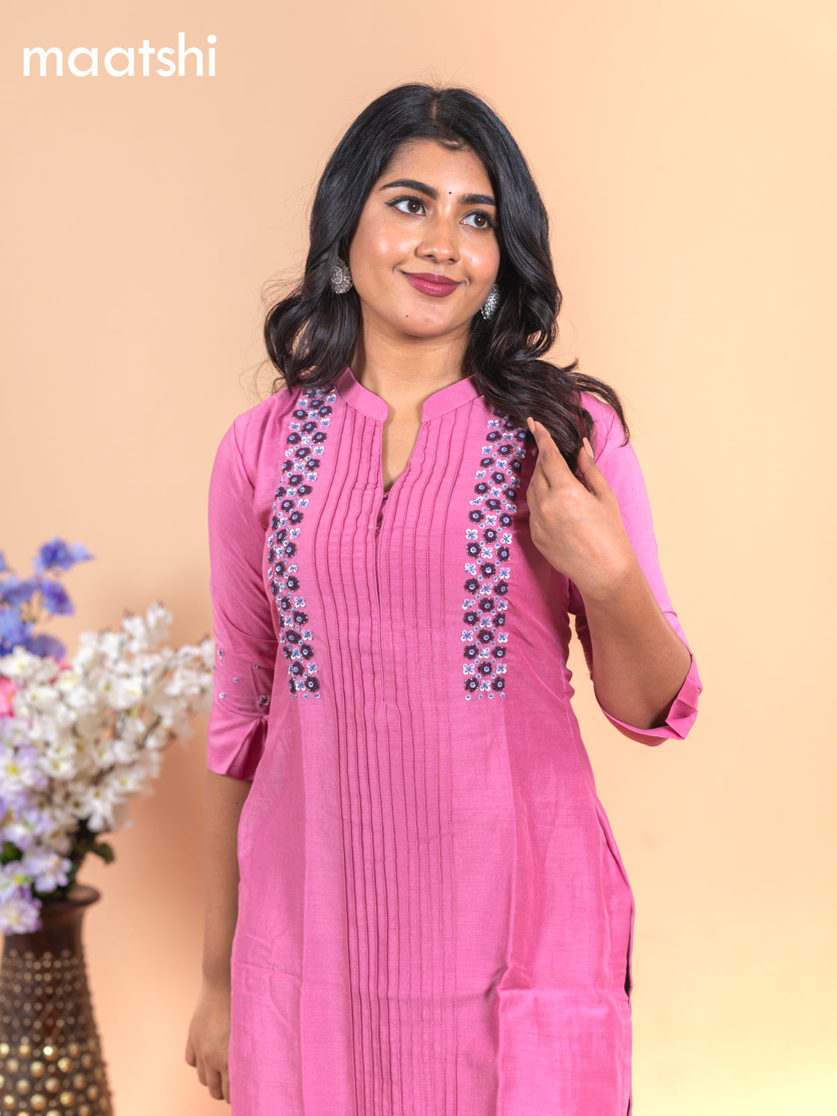 Chanderi readymade kurti mauve pink with allover french knot beaded work neck pattern without pant