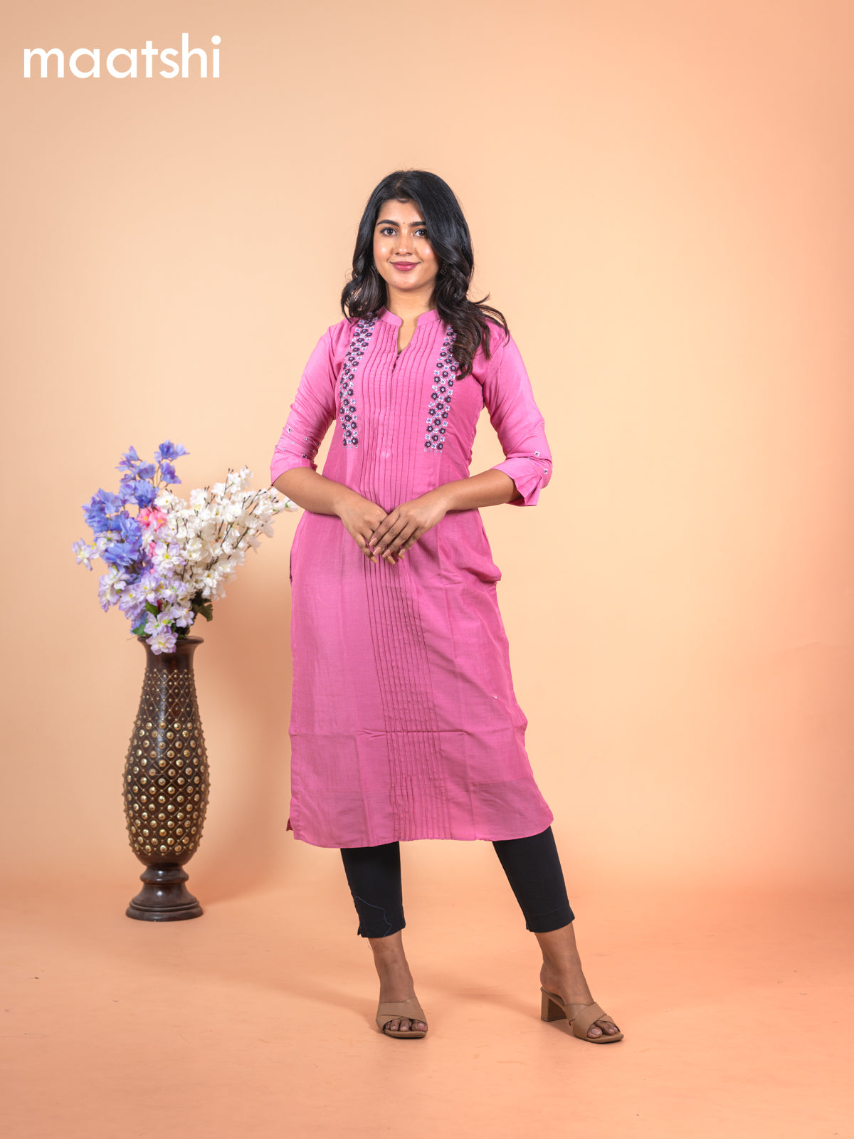 Chanderi readymade kurti mauve pink with allover french knot beaded work neck pattern without pant