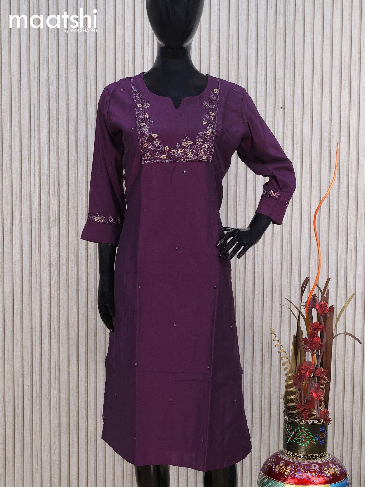 Muslin readymade kurti purple with beaded zardosi work neck pattern without pant