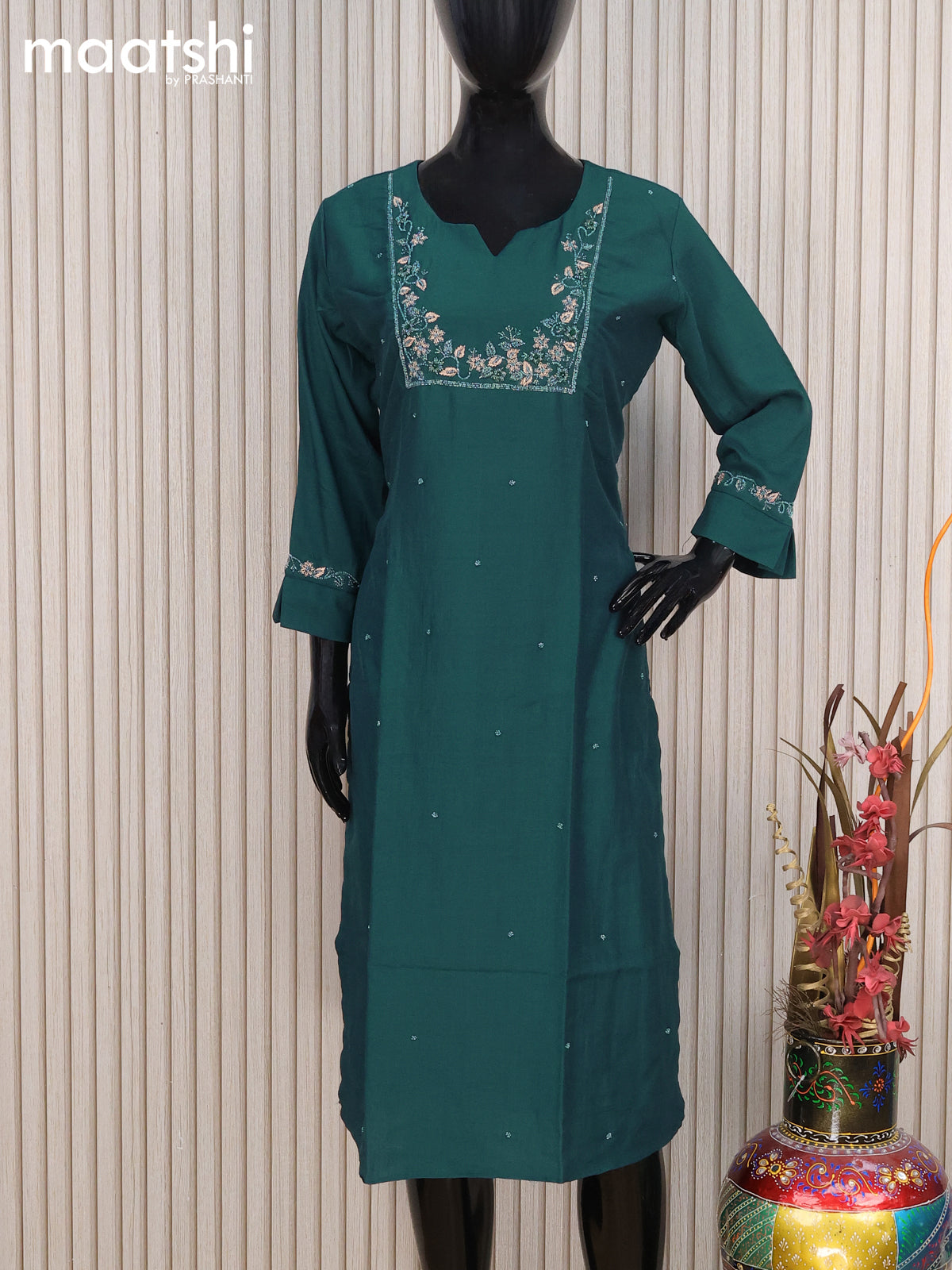 Muslin readymade kurti dark peacock green with beaded zardosi work neck pattern without pant