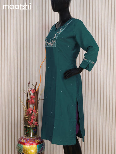 Muslin readymade kurti dark peacock green with beaded zardosi work neck pattern without pant