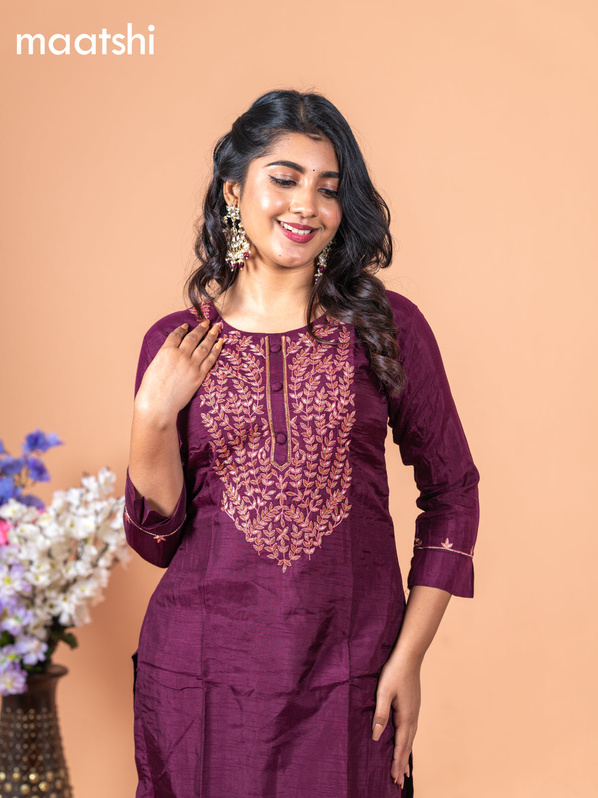 Chanderi readymade kurti wine shade with embroidery sequin work neck pattern without pant