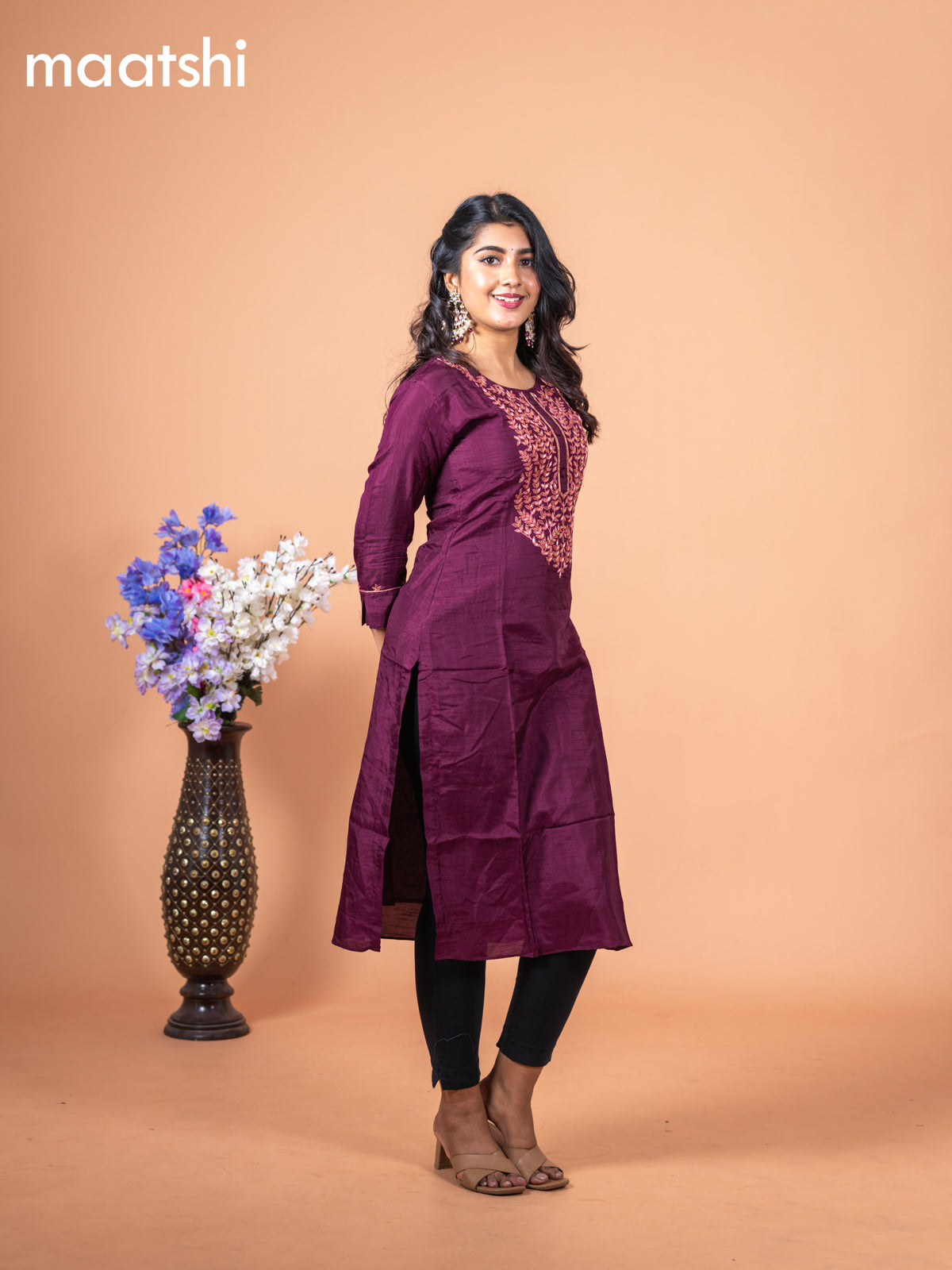 Chanderi readymade kurti wine shade with embroidery sequin work neck pattern without pant