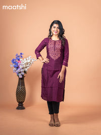 Chanderi readymade kurti wine shade with embroidery sequin work neck pattern without pant