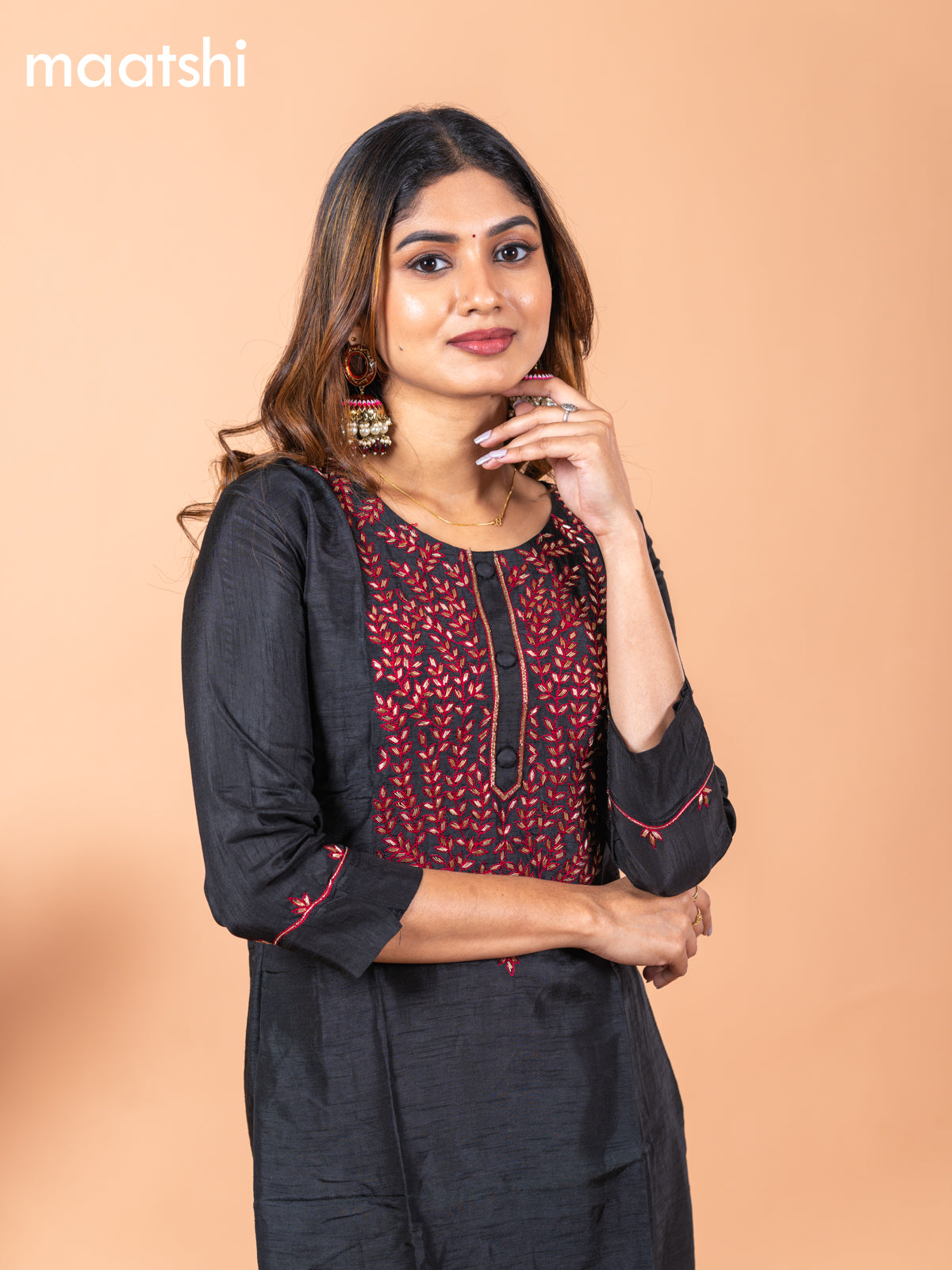 Chanderi readymade kurti black with embroidery sequin work neck pattern without pant