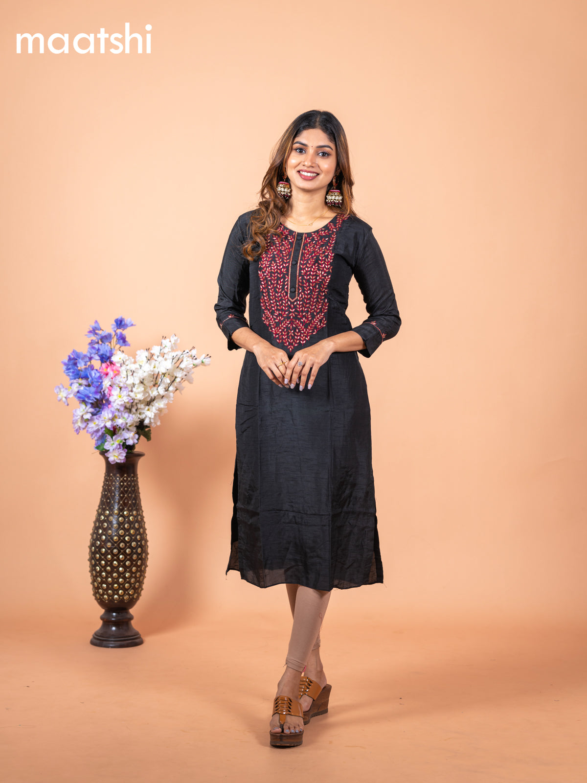 Chanderi readymade kurti black with embroidery sequin work neck pattern without pant