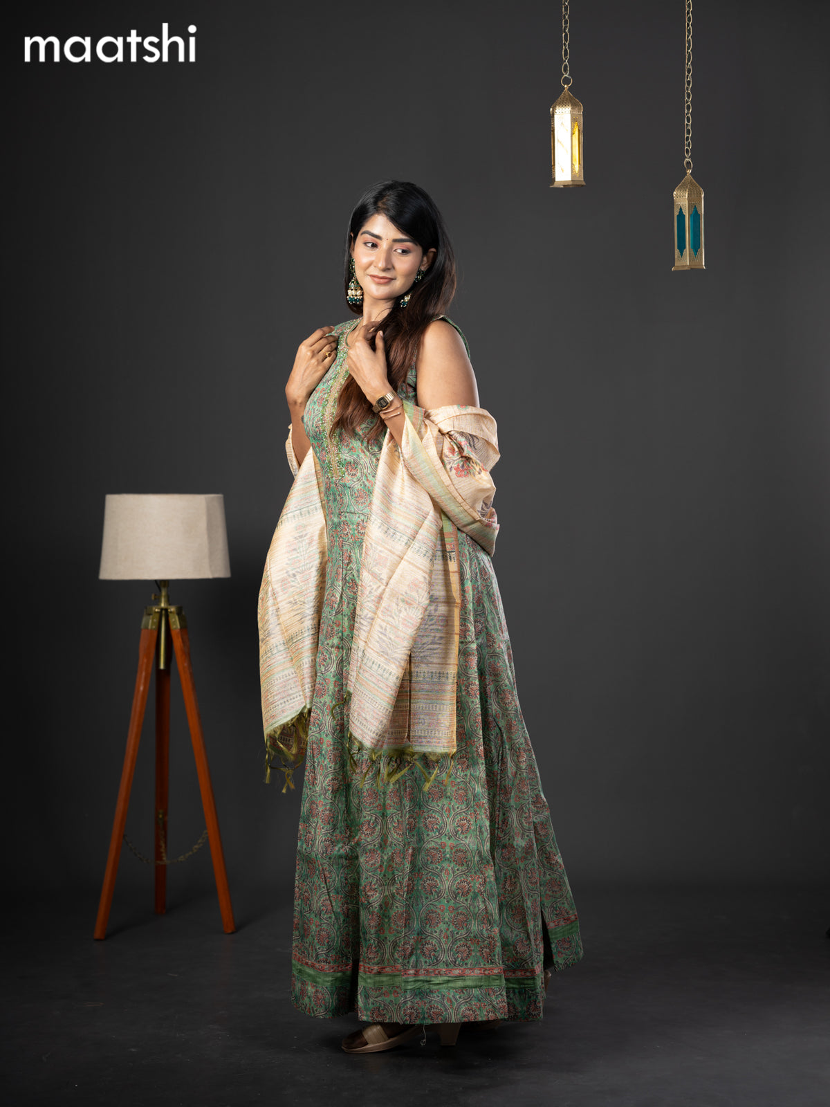 Chanderi readymade anarkali salwar suit green with allover kalamkari prints & zardosi beaded work neck pattern and straight cut pant & dupatta sleeve attached