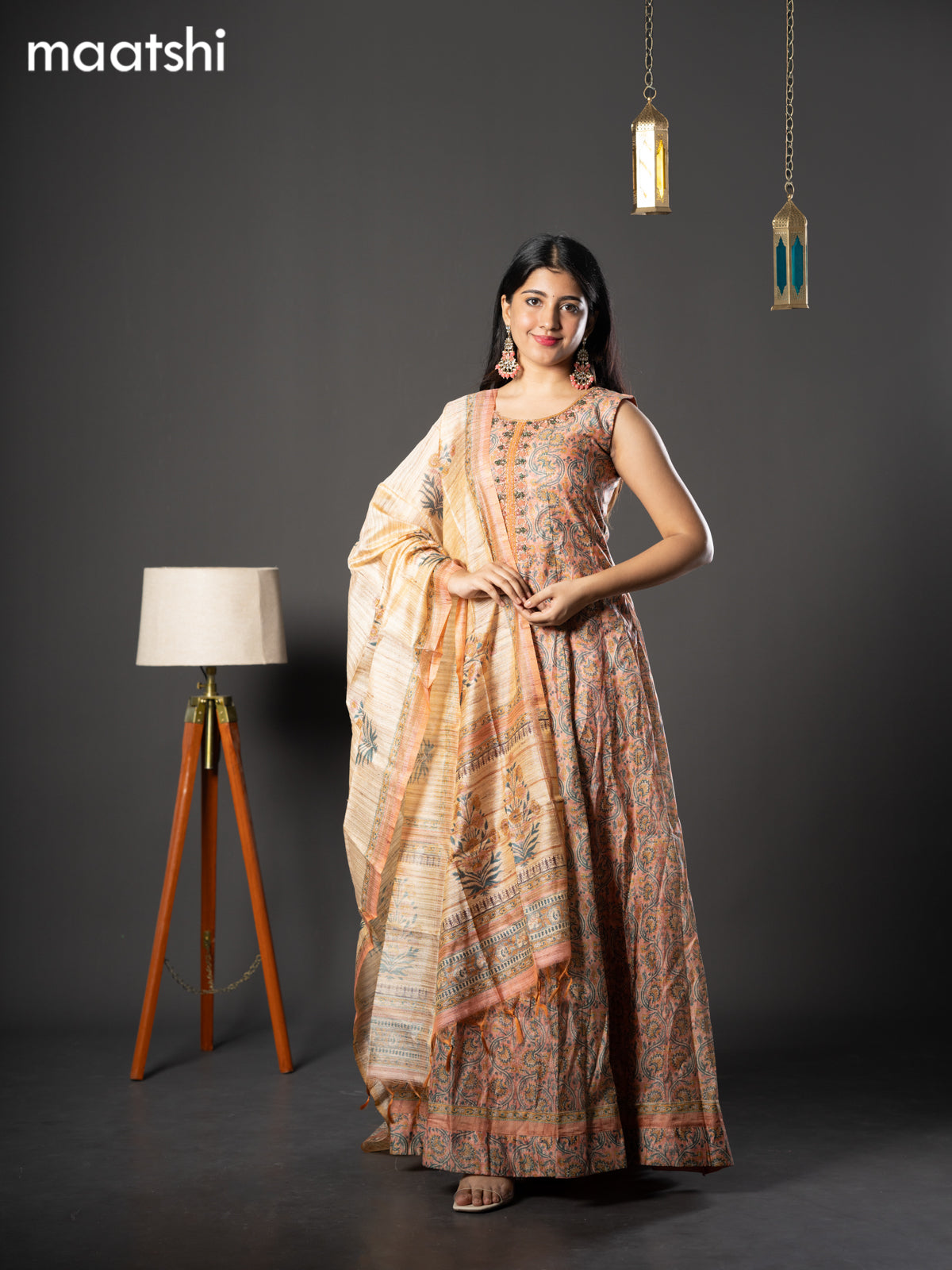 Chanderi readymade anarkali salwar suit pastel peach with allover kalamkari prints & zardosi beaded work neck pattern and straight cut pant & dupatta sleeve attached