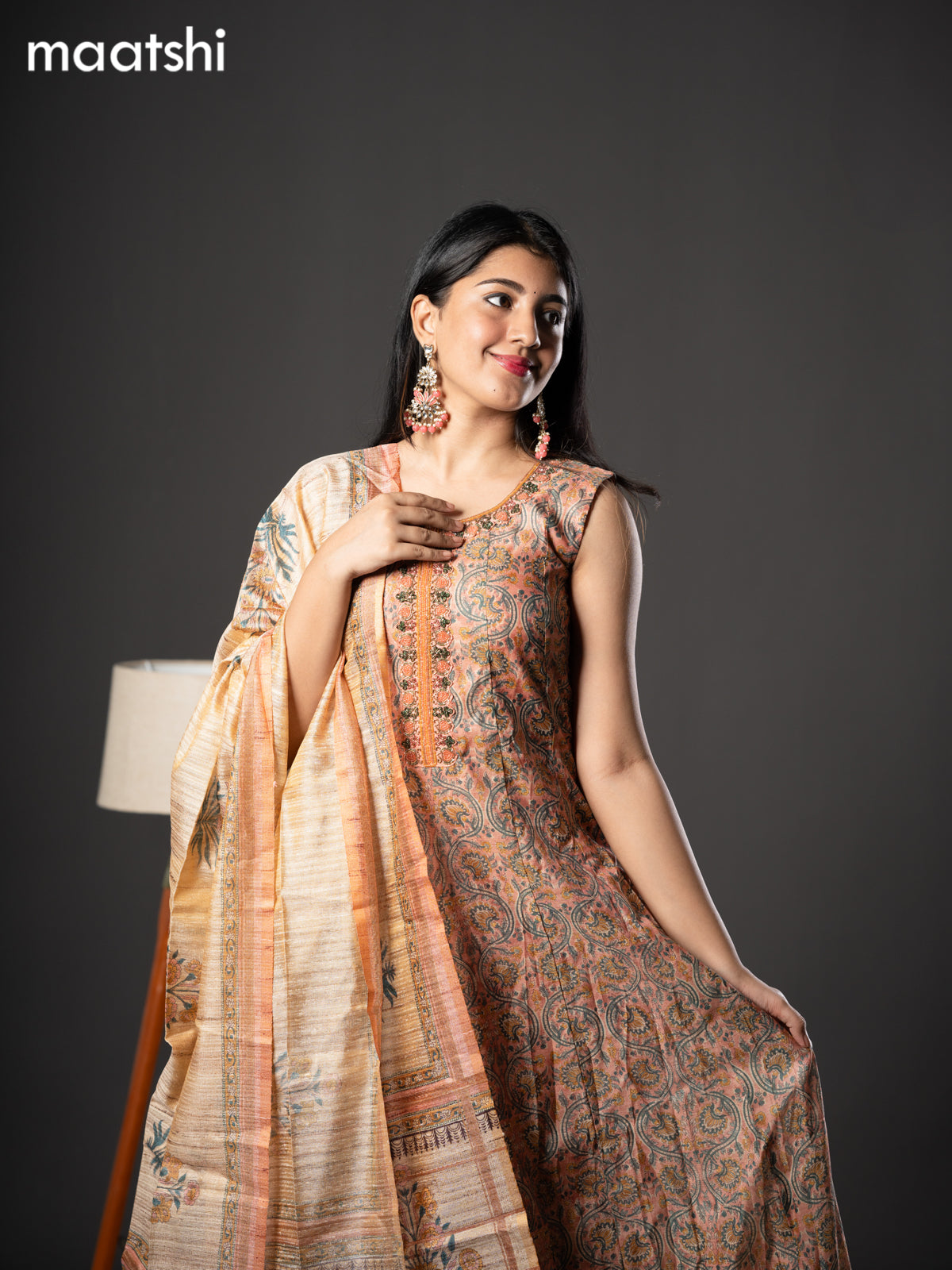 Chanderi readymade anarkali salwar suit pastel peach with allover kalamkari prints & zardosi beaded work neck pattern and straight cut pant & dupatta sleeve attached