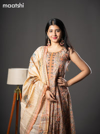 Chanderi readymade anarkali salwar suit pastel peach with allover kalamkari prints & zardosi beaded work neck pattern and straight cut pant & dupatta sleeve attached