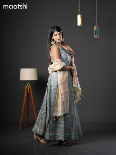 Chanderi readymade anarkali salwar suit teal blue shade with allover kalamkari prints & zardosi beaded work neck pattern and straight cut pant & dupatta sleeve attached