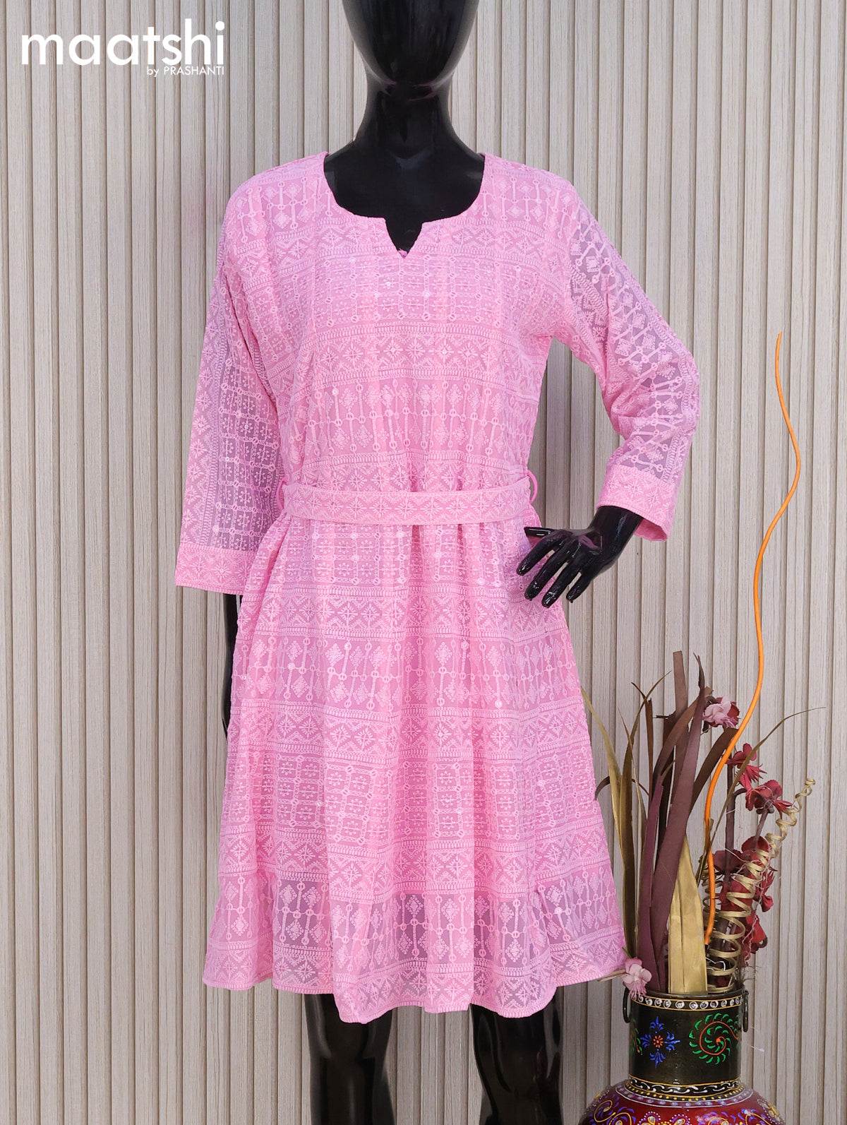 Semi georgette readymade tunic top light pink with allover chikankari work without pant